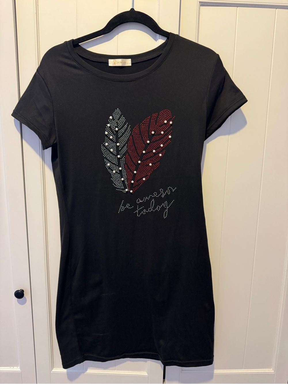 Women’s Black Short-Sleeve Tunic with Red & Silver Feather Detail